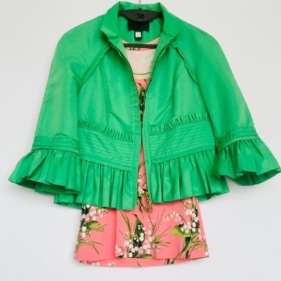 Roberto Cavalli Class Luxury Rococo Half Sleeve Green Short Rain Jacket